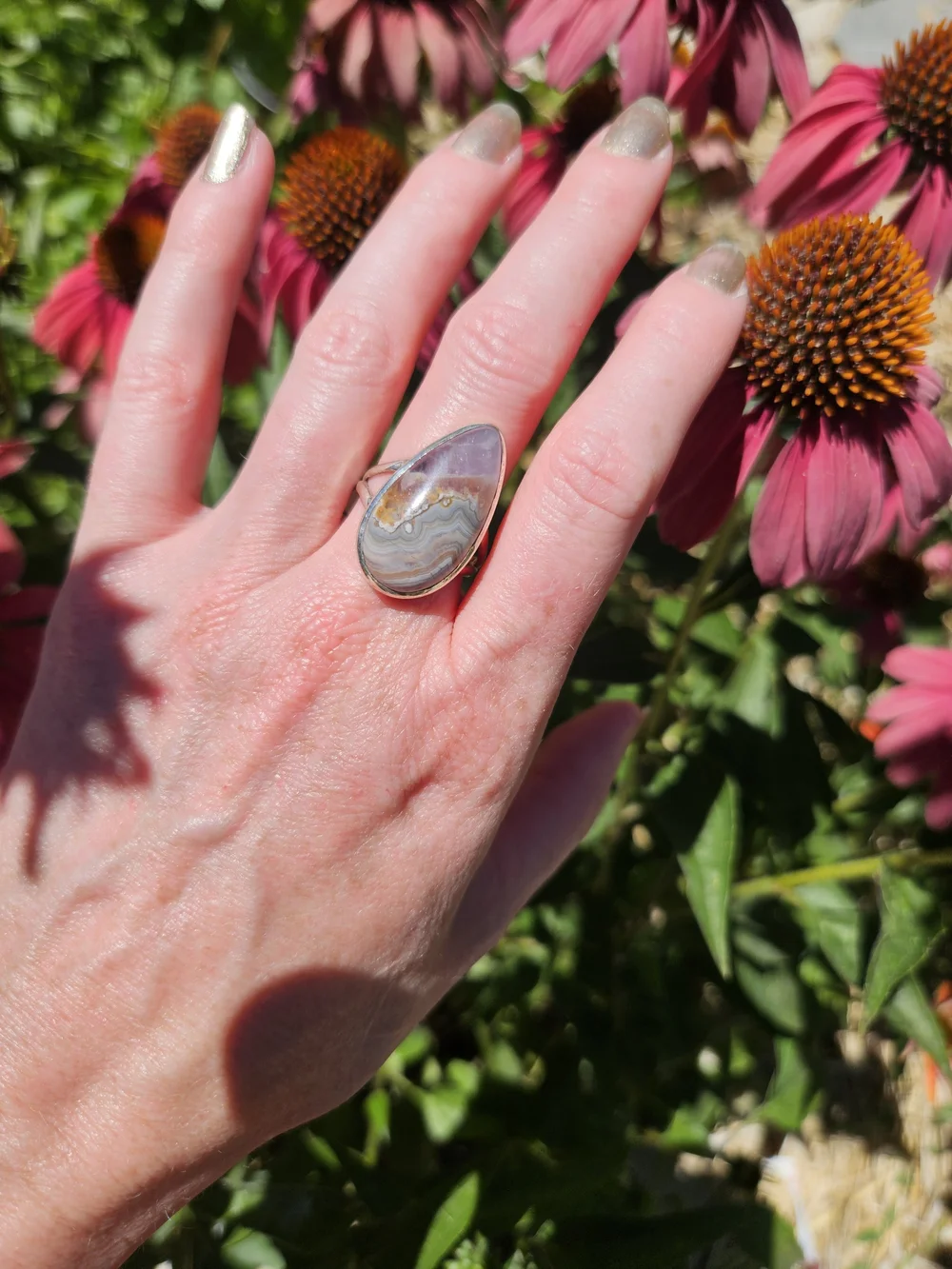 Botswana Agate Teardrop Sterling Silver Statement Ring Size 7 3/4